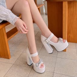 Summer 2023 New Water Platform Super High Heel Peep Toe Sandals Round Toe Lacquer Leather Diamond Bowknot Pumps