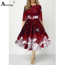 Women Three Quarter Sleeve Dress Loose Vintage Snowflower Print Befree Dress Large Big A-line Party Elegant Mid-Calf Dresses