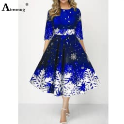 Women Three Quarter Sleeve Dress Loose Vintage Snowflower Print Befree Dress Large Big A-line Party Elegant Mid-Calf Dresses