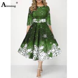 Women Three Quarter Sleeve Dress Loose Vintage Snowflower Print Befree Dress Large Big A-line Party Elegant Mid-Calf Dresses