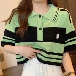 Fashion Thin Short Sleeve T-Shirt Women Summer Loose Turn-Down Collar Knitted Tees Woman Korean Style Pink Colour Striped Blouse