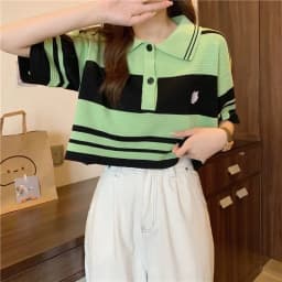 Fashion Thin Short Sleeve T-Shirt Women Summer Loose Turn-Down Collar Knitted Tees Woman Korean Style Pink Colour Striped Blouse