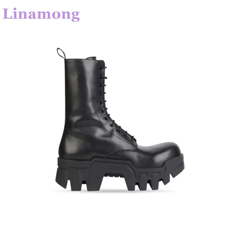 Black Thick Sole Non-slip Luxury Design Boots For Men Leather Fabric Solid Lace-up Ankle High Round Toe Handamde All-match Shoes