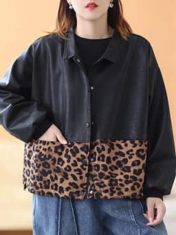 Amax luluE 2024 Autumn Fashion Leopard Biker Clothes Womens Vintage Loose Faux Leather Jackets Ladies Casual Punk Black Pu Coats
