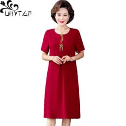 UHYTGF Short Sleeve 5XL Big Size Dresses Women Fashion Embroidered Summer Dress Elegant Mother Casual Thin Clothes Vestidos 1311