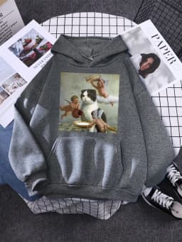 Hoodie Little Angel And Cat Printing Sweatshirt Woman With Hood Aesthetic Korean Couple Clothes Warm Harajuku Women'S Hoodies