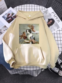 Hoodie Little Angel And Cat Printing Sweatshirt Woman With Hood Aesthetic Korean Couple Clothes Warm Harajuku Women'S Hoodies