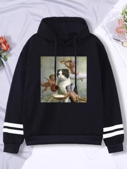 Hoodie Little Angel And Cat Printing Sweatshirt Woman With Hood Aesthetic Korean Couple Clothes Warm Harajuku Women'S Hoodies