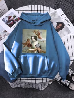 Hoodie Little Angel And Cat Printing Sweatshirt Woman With Hood Aesthetic Korean Couple Clothes Warm Harajuku Women'S Hoodies