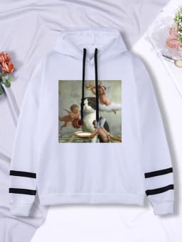 Hoodie Little Angel And Cat Printing Sweatshirt Woman With Hood Aesthetic Korean Couple Clothes Warm Harajuku Women'S Hoodies