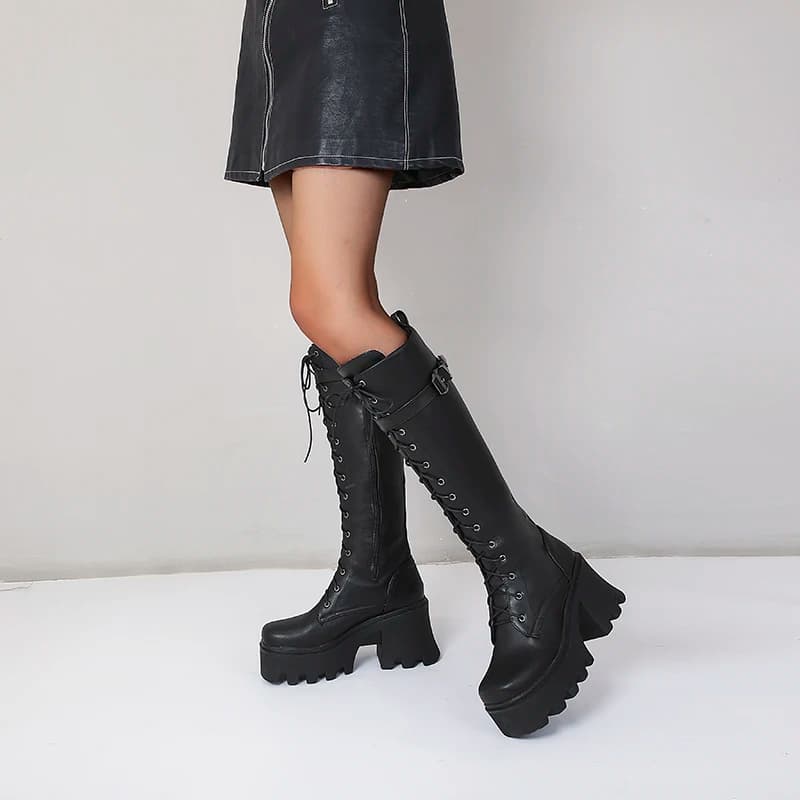 Super High Platform Punk Style Boots Cross Strap Metal Belt Buckle High Thick Heel Street Trendy Women's Knee-High Boots