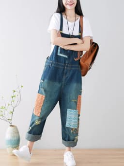 Amax luluE 2024 Fashion Style Spring Female Vintage Patchwork Overalls Womens Ripped Denim Trousers Ladies Loose Bleached jeans