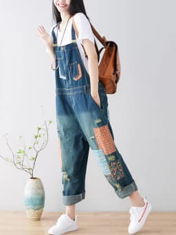 Amax luluE 2024 Fashion Style Spring Female Vintage Patchwork Overalls Womens Ripped Denim Trousers Ladies Loose Bleached jeans