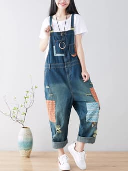 Amax luluE 2024 Fashion Style Spring Female Vintage Patchwork Overalls Womens Ripped Denim Trousers Ladies Loose Bleached jeans
