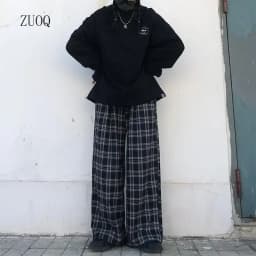 Summer Plaid Pants Women S-3XL Casual Chic Oversize Loose Wide Leg Trousers for Women Harajuku High Waist Hip-hop Pants Female