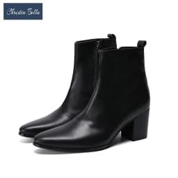 Christia Bella Genuine Leather Men High Heel Boots Pointed Toe Party Dress Boots Fashion Business Ankle Boots Male Formal Shoes