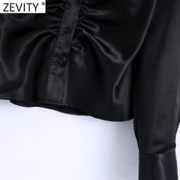 Zevity Women Elegant Pleated Design Black Satin Slim Blouse Office Ladies Single Breasted Shirts Chic Chemise Blusas Tops LS9724