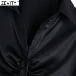 Zevity Women Elegant Pleated Design Black Satin Slim Blouse Office Ladies Single Breasted Shirts Chic Chemise Blusas Tops LS9724