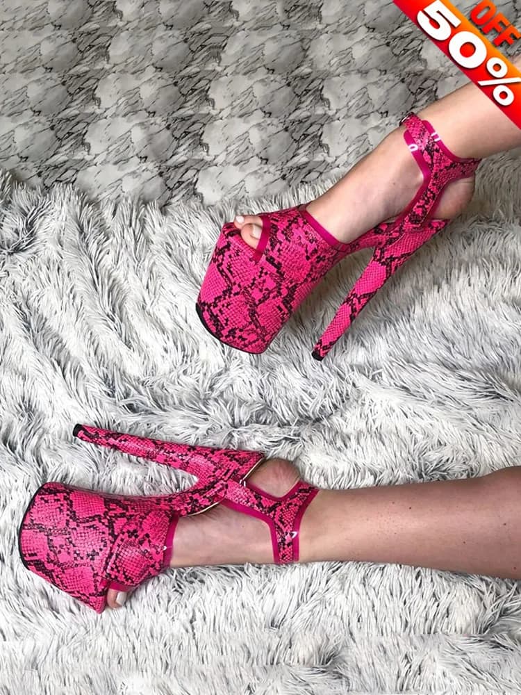 Snake Print Open Toe Super High With Sandals 20cm Nightclub Pole Dance Shallow Mouth Large Size Platform 7 Inches Stripper New