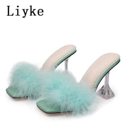 Liyke 9CM Transparent High Heels Fur Slippers Women Feather Sandals Peep Toe Mules Lady Pumps Slides Party Shoes Pink