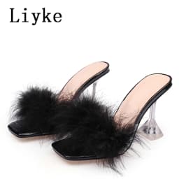 Liyke 9CM Transparent High Heels Fur Slippers Women Feather Sandals Peep Toe Mules Lady Pumps Slides Party Shoes Pink