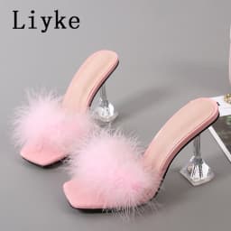 Liyke 9CM Transparent High Heels Fur Slippers Women Feather Sandals Peep Toe Mules Lady Pumps Slides Party Shoes Pink