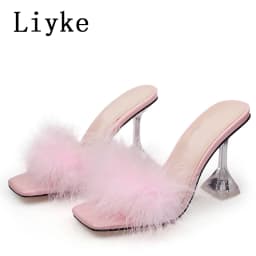 Liyke 9CM Transparent High Heels Fur Slippers Women Feather Sandals Peep Toe Mules Lady Pumps Slides Party Shoes Pink