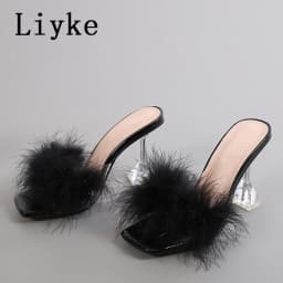 Liyke 9CM Transparent High Heels Fur Slippers Women Feather Sandals Peep Toe Mules Lady Pumps Slides Party Shoes Pink