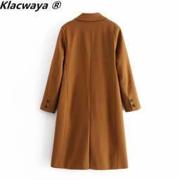 Klacwaya 2021 Women Fashion Dark Brown Woolen Coat Vintage Double Breasted Long Sleeve Female Autumn Temperament Long Coat