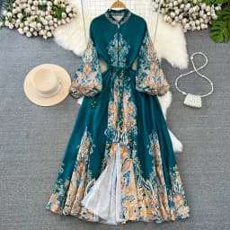 Spring Autumn Women's Dress Vintage Long Sleeve Print Floral High Waist Boho Party Maxi Vestidos Elegant Luxury Long Dresses