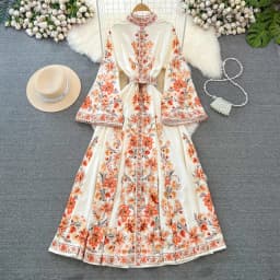 Spring Autumn Women's Dress Vintage Long Sleeve Print Floral High Waist Boho Party Maxi Vestidos Elegant Luxury Long Dresses