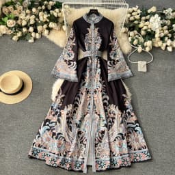 Spring Autumn Women's Dress Vintage Long Sleeve Print Floral High Waist Boho Party Maxi Vestidos Elegant Luxury Long Dresses