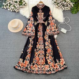 Spring Autumn Women's Dress Vintage Long Sleeve Print Floral High Waist Boho Party Maxi Vestidos Elegant Luxury Long Dresses