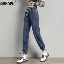 88-90cm Ankle Length Denim Sweatpants Women's Drawstring Elastic Waist Casual Jeans Korean Jogger Harem Vaqueros Straight Jeansy