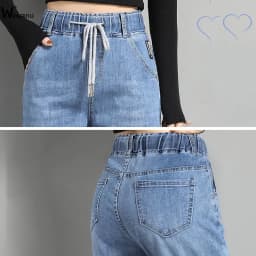 88-90cm Ankle Length Denim Sweatpants Women's Drawstring Elastic Waist Casual Jeans Korean Jogger Harem Vaqueros Straight Jeansy