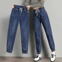 88-90cm Ankle Length Denim Sweatpants Women's Drawstring Elastic Waist Casual Jeans Korean Jogger Harem Vaqueros Straight Jeansy