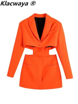 Klacwaya Women 2021 Fashion Chic Hollow Out Mini Dress Vintage Long Sleeve Welt Pockets Female Mini Dresses Mujer