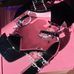 Peep Toe Platform Chunky Heel Sandals 2022 New Women Shoes Summer Sweet Cool Retro Fashion Flash Diamond Love Pearl Chain