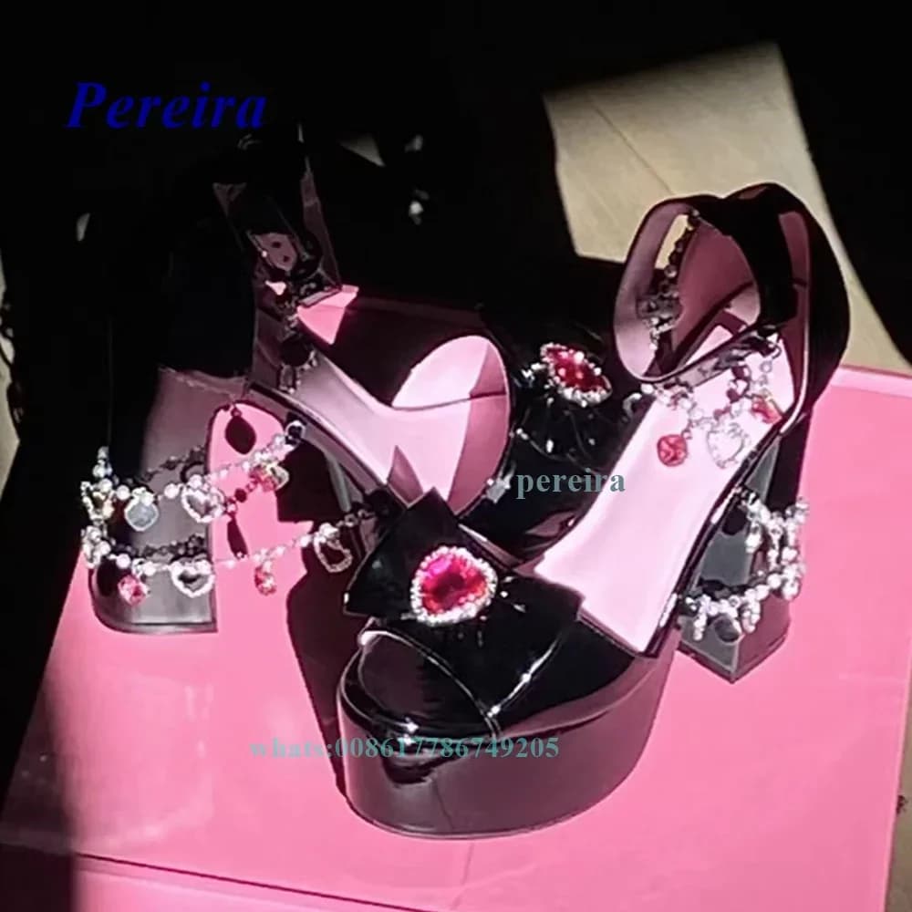 Peep Toe Platform Chunky Heel Sandals 2022 New Women Shoes Summer Sweet Cool Retro Fashion Flash Diamond Love Pearl Chain