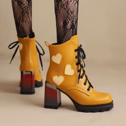 Plus Size Super High Wood Grain Thick Heel Gradient Print Shoes Love Decal Boots Multicolored Lace Up Women's Ankle Boots