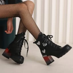 Plus Size Super High Wood Grain Thick Heel Gradient Print Shoes Love Decal Boots Multicolored Lace Up Women's Ankle Boots