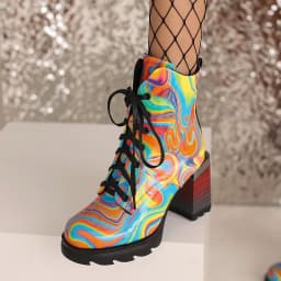 Plus Size Super High Wood Grain Thick Heel Gradient Print Shoes Love Decal Boots Multicolored Lace Up Women's Ankle Boots