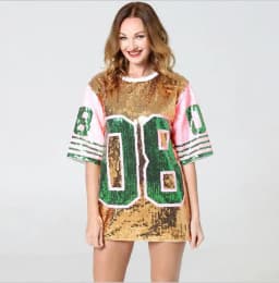 Women Plus Size T-Shirt Dress Glitter Sequin Jersey Letter 08 Print Loose O Neck Hippy Hip Hop Bling Long Tee Tops For Ladies
