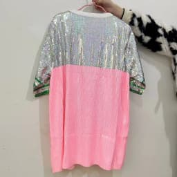 Women Plus Size T-Shirt Dress Glitter Sequin Jersey Letter 08 Print Loose O Neck Hippy Hip Hop Bling Long Tee Tops For Ladies