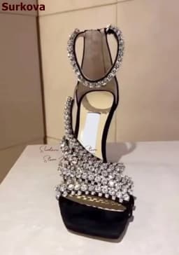 Surkova Crysal Floral Strappy Thin High Heel Sandals Black Suede Square Toe Stiletto Wedding Pumps Rhinestone