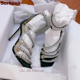 Surkova Crysal Floral Strappy Thin High Heel Sandals Black Suede Square Toe Stiletto Wedding Pumps Rhinestone