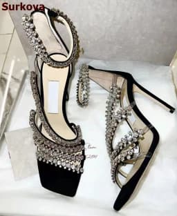 Surkova Crysal Floral Strappy Thin High Heel Sandals Black Suede Square Toe Stiletto Wedding Pumps Rhinestone
