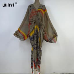 WINYI Graffiti Print Swimsuit Cover Up Women Beach Tassels Dress Sexy V-neck Dresses Summer Woman Clothes Robe Fashion Kaftan