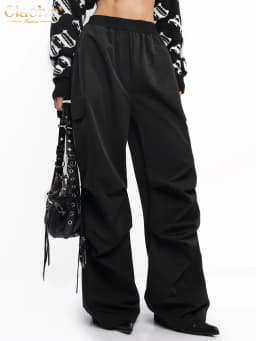 Clacive Fashion Loose Black Cargo Pants Women Elegant Elastic Waist Full Length Pants Casual Straight Trousers Female Clothing