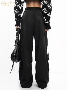 Clacive Fashion Loose Black Cargo Pants Women Elegant Elastic Waist Full Length Pants Casual Straight Trousers Female Clothing
